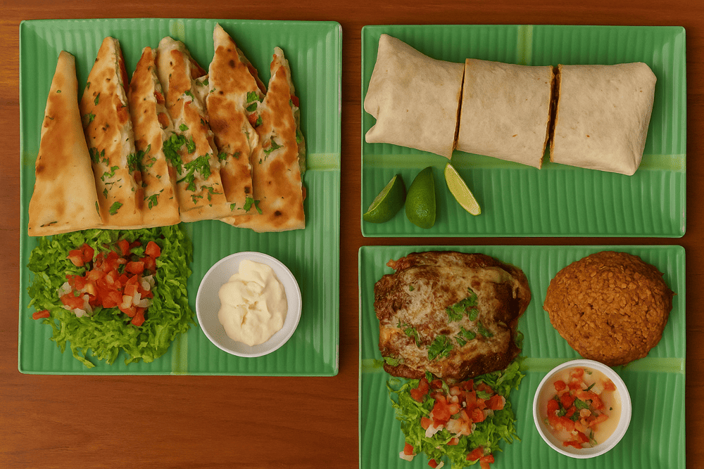 Big handmade flour tortilla chock full of melted cheese and lamb